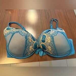 Cacique Teal Ribbon Gold Embroidered Lightly Lined Plunge Underwire Bra Sz 44DD